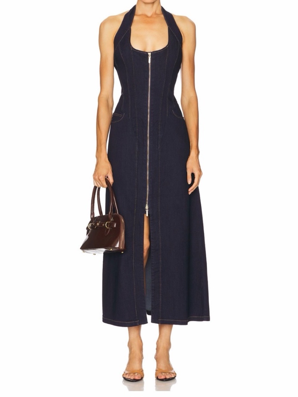 Bardot Dark Indigo Zip-Front Halter Maxi Dress